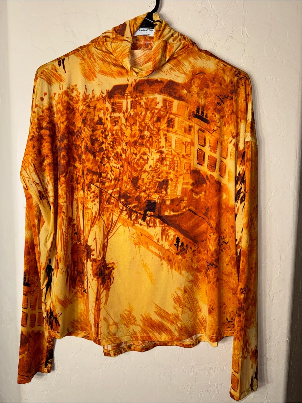 Babaton Aritzia Orange Cityscape Print Mock Neck Long Sleeve Top Size Small